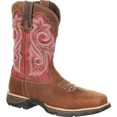 Durango Women's Rebel Waterproof Composite Toe Work Boot, tan with red shaft – 3-4 front 2