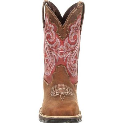 Durango Women's Rebel Waterproof Composite Toe Work Boot, tan with red shaft – front