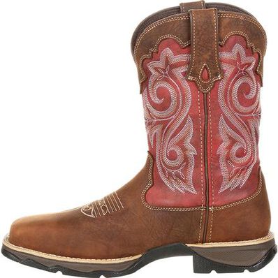 Durango Women's Rebel Waterproof Composite Toe Work Boot, tan with red shaft – side, opposite boot