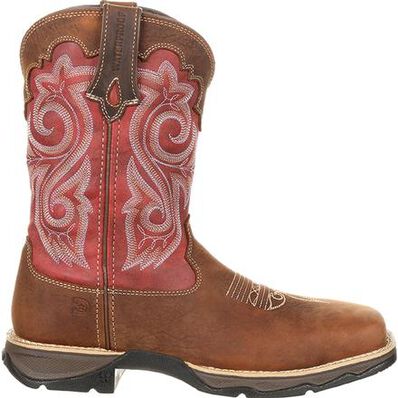 Durango Women's Rebel Waterproof Composite Toe Work Boot, tan with red shaft – side