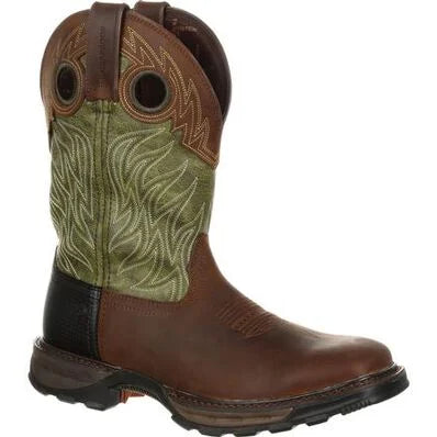 Durango Men's Maverick XP Waterproof Western Boot, brown with green shaft – 3-4 front 2