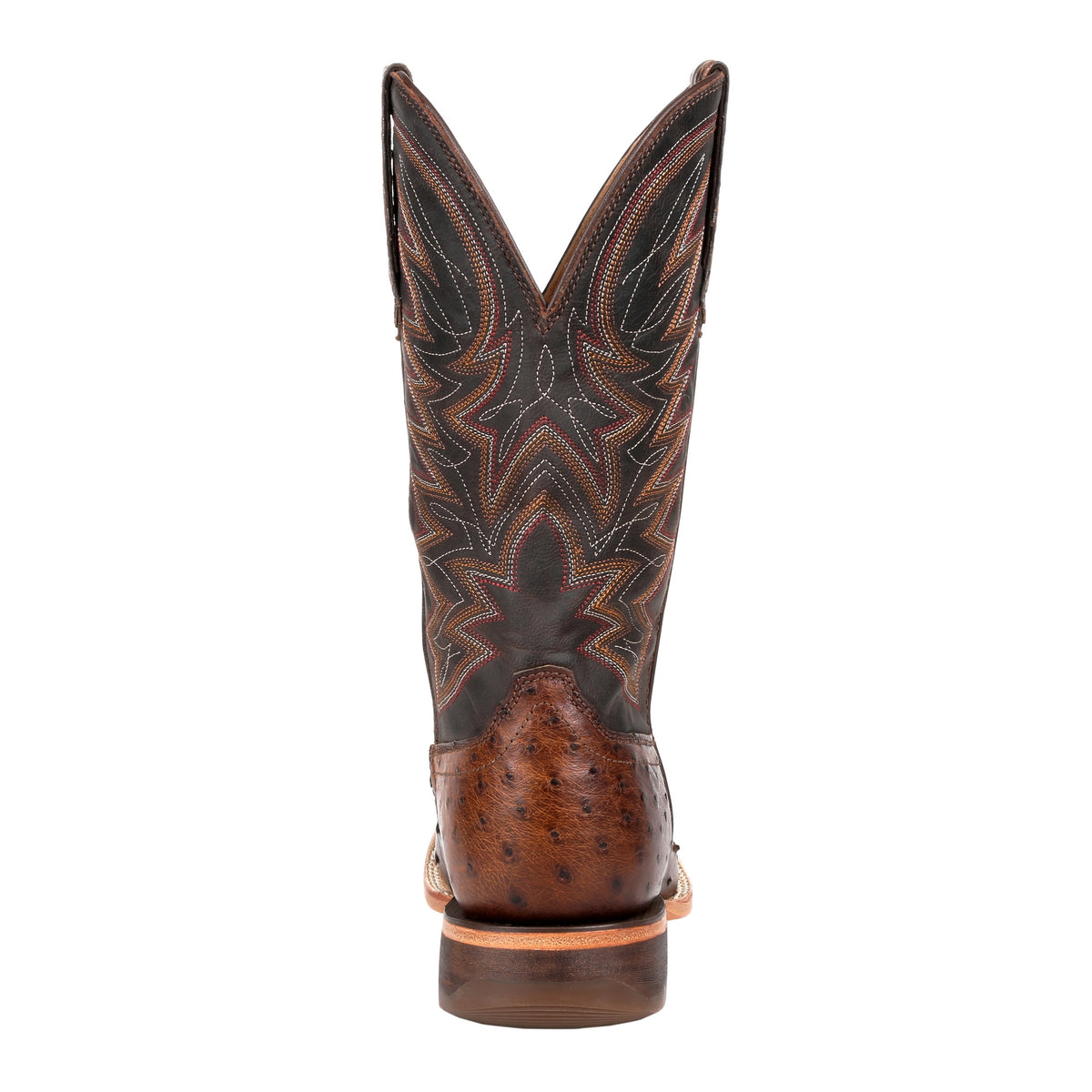 Durango men's brown exotic full-quill ostrich western boots with square toe, showcasing detailed leather and western style.