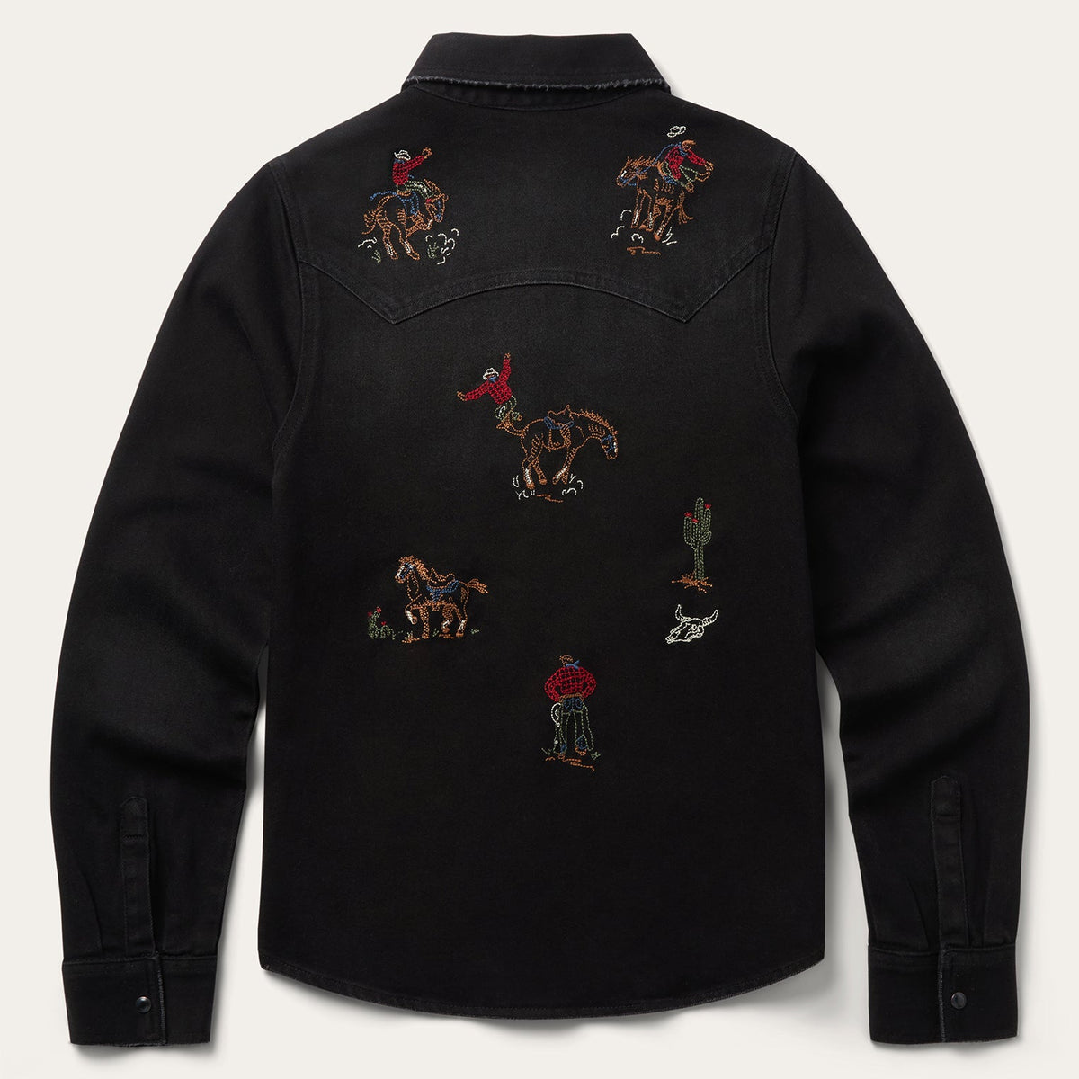 Stetson black denim shirt with embroidered design, long sleeves, button-up front, and classic collar.
