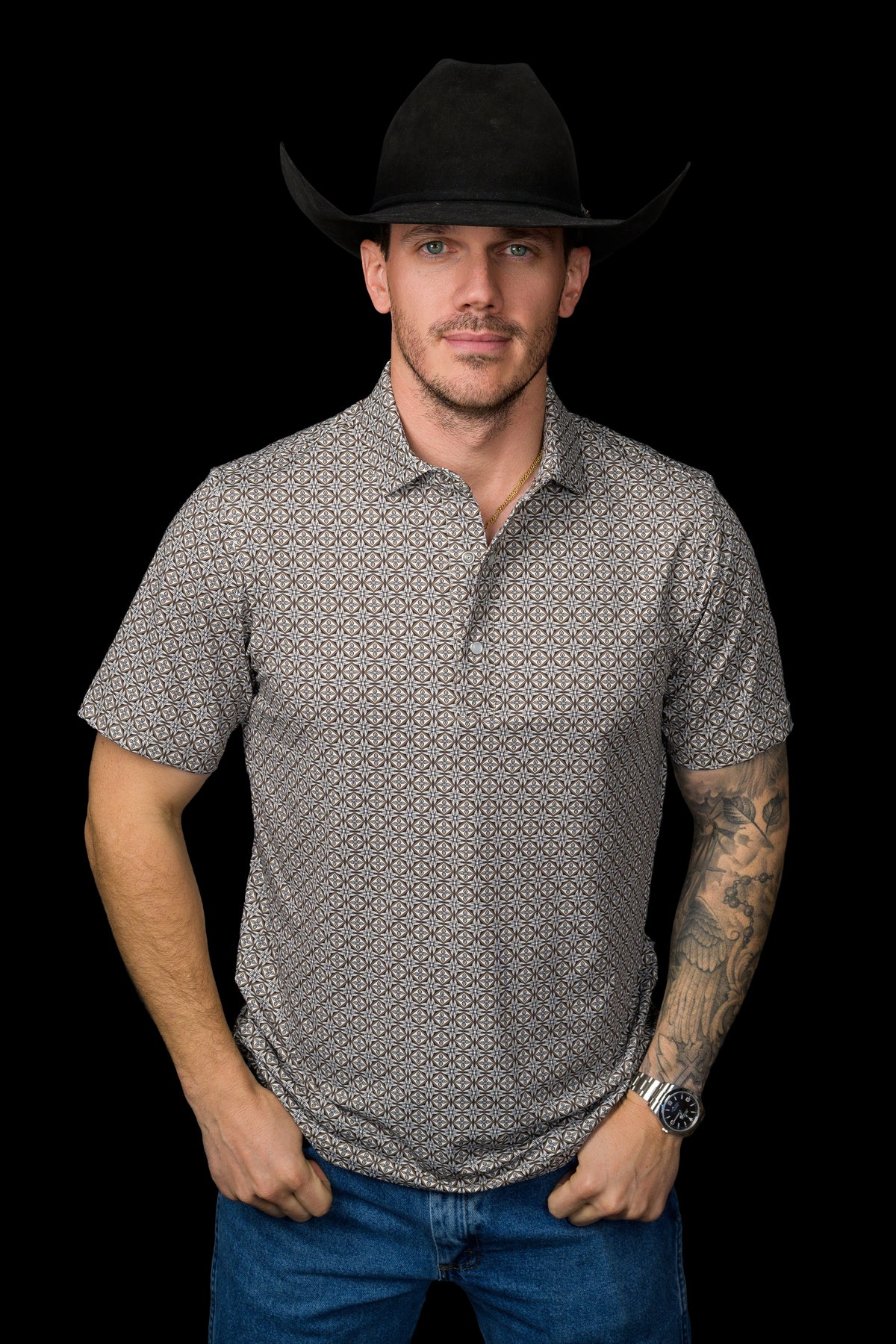 Ferrell Brand Men's Archer Pearl Snap Polo, Cream – front