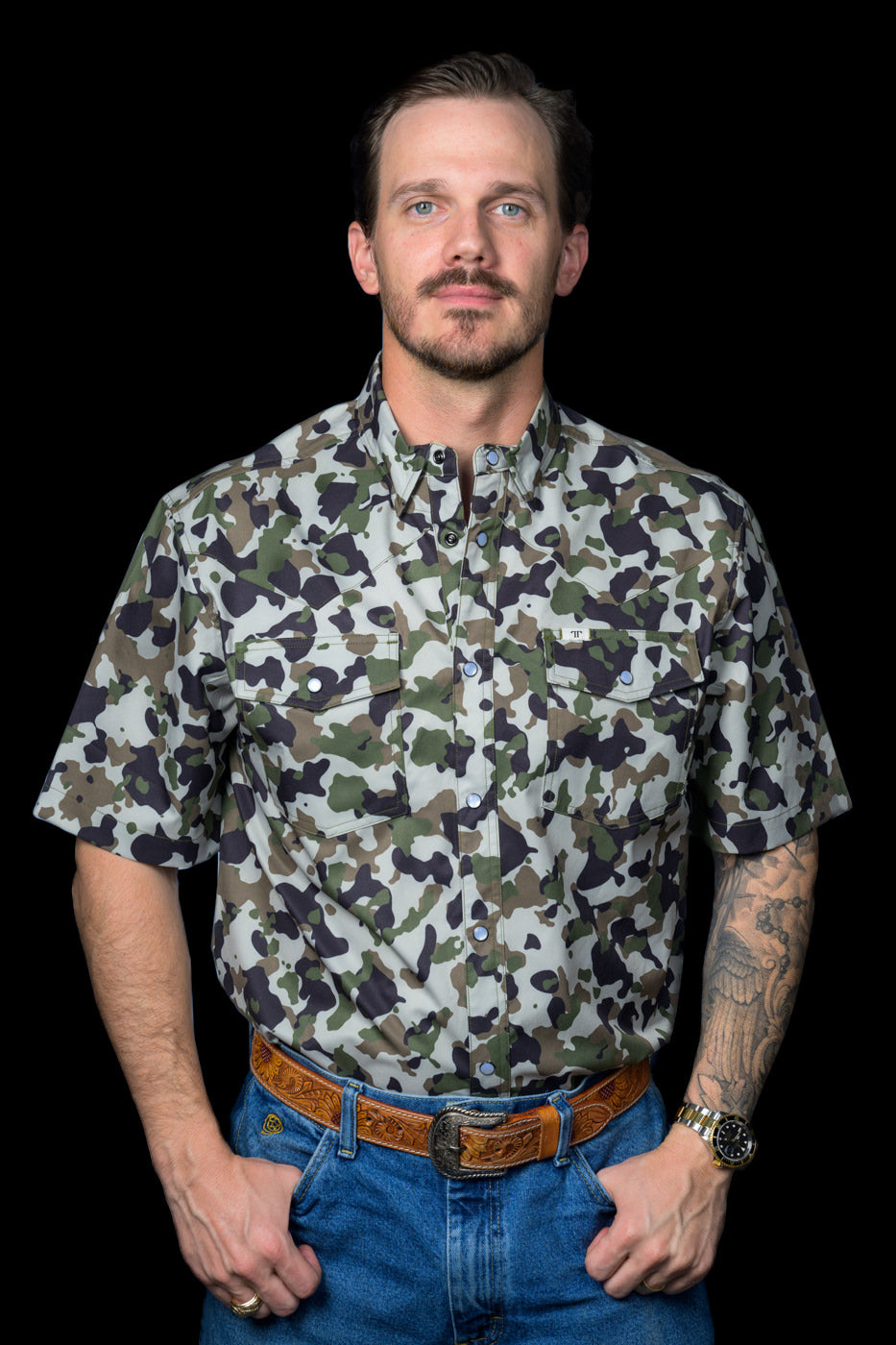 Ferrell Brand Men's Camo 2.0 Snap Short Sleeve Shirt, Camo – front