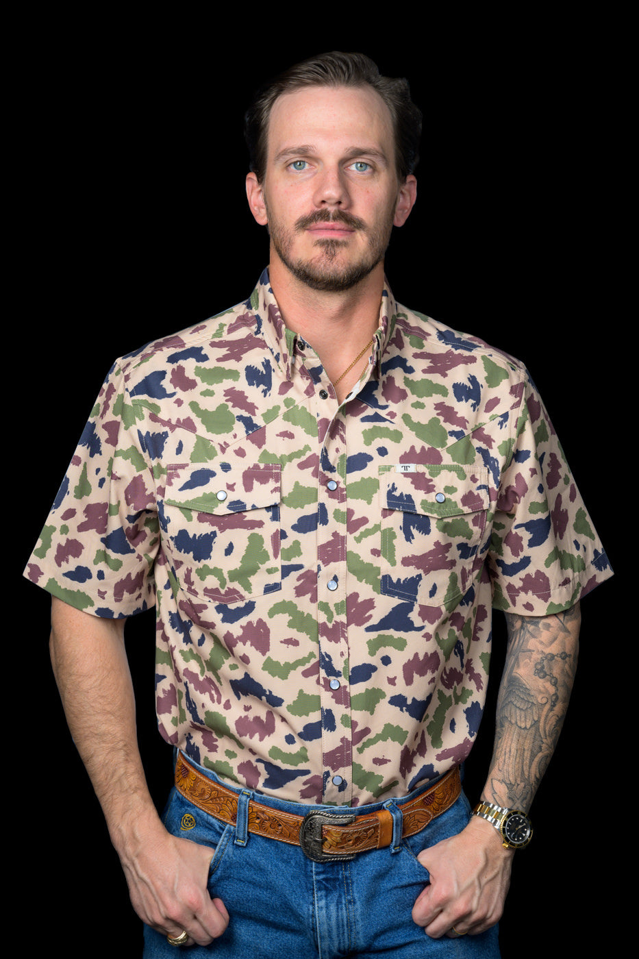 Ferrell Brand Men's Camo Snap Short Sleeve Shirt, Camo – front