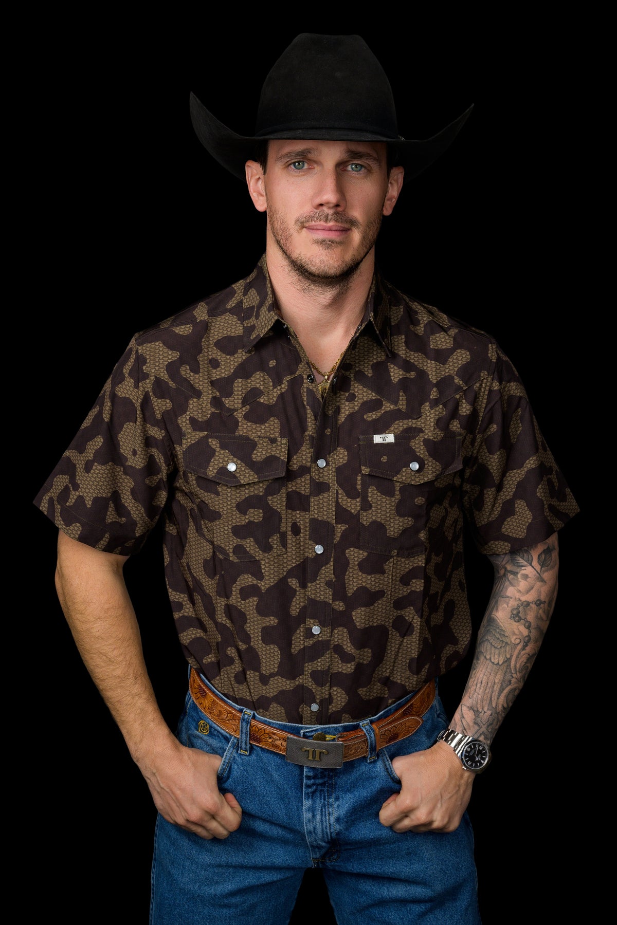 Ferrell Brand Men's Gage Pearl Snap Short Sleeve Shirt, Brown Camo – front