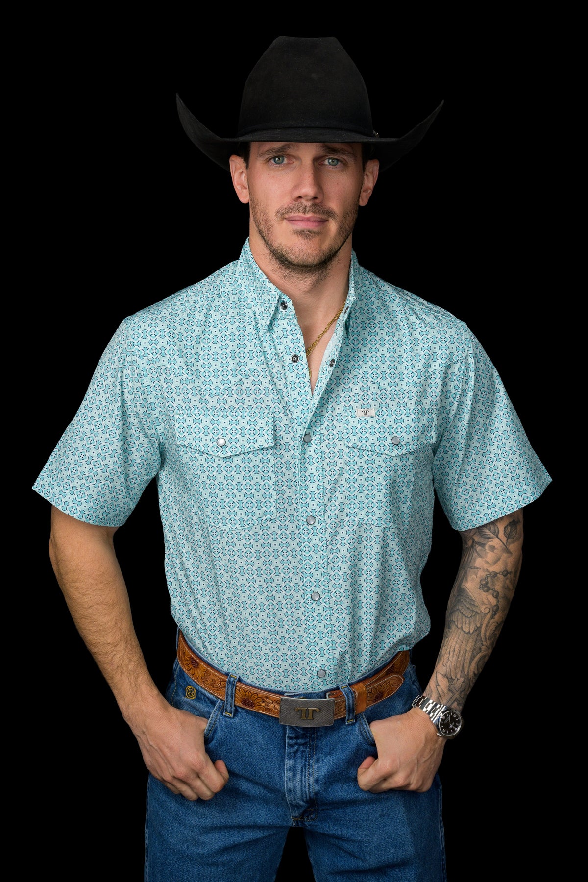 Ferrell Brand Men's Pierce Pearl Snap Short Sleeve Shirt, Green – front