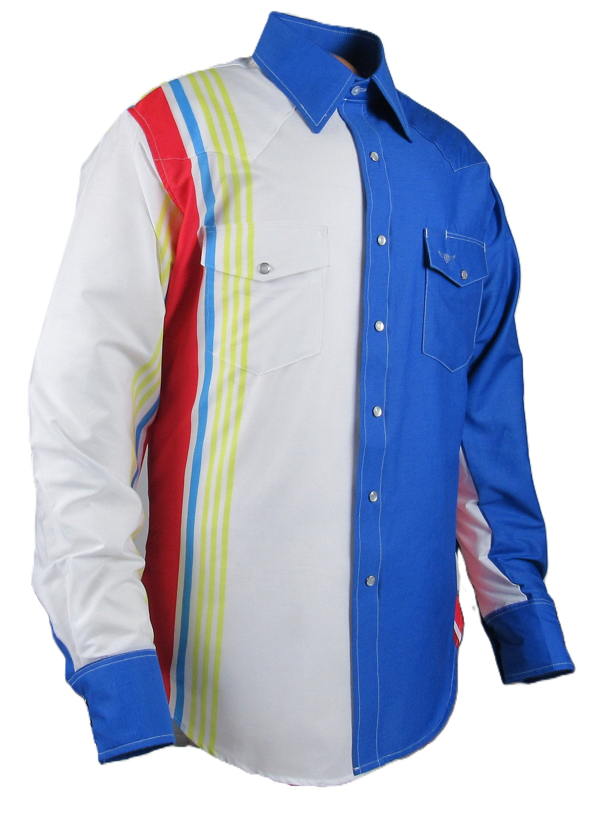 Ruddockshirts Flying R Ranchwear Cantina Collection long sleeve shirt featuring royal retro stripe and classic fit.