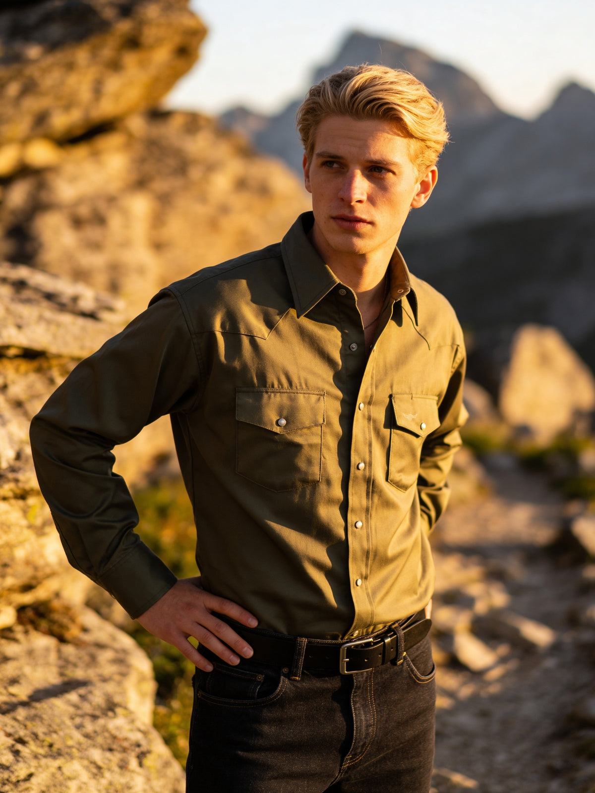 Flying R Ranchwear prairie twill solid long sleeve shirt in safari green with snaps and classic fit by ruddockshirts.com