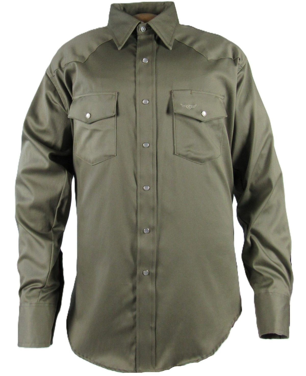 Ruddockshirts.com Flying R Ranchwear prairie twill solid long sleeve shirt in safari green with snaps and classic fit.