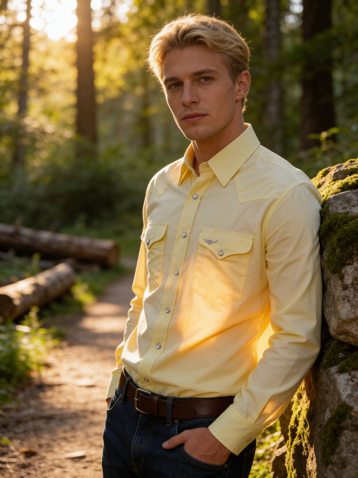 Flying R Ranchwear Western long sleeve shirt in pale yellow with snaps and classic fit, made by ruddockshirts.com.