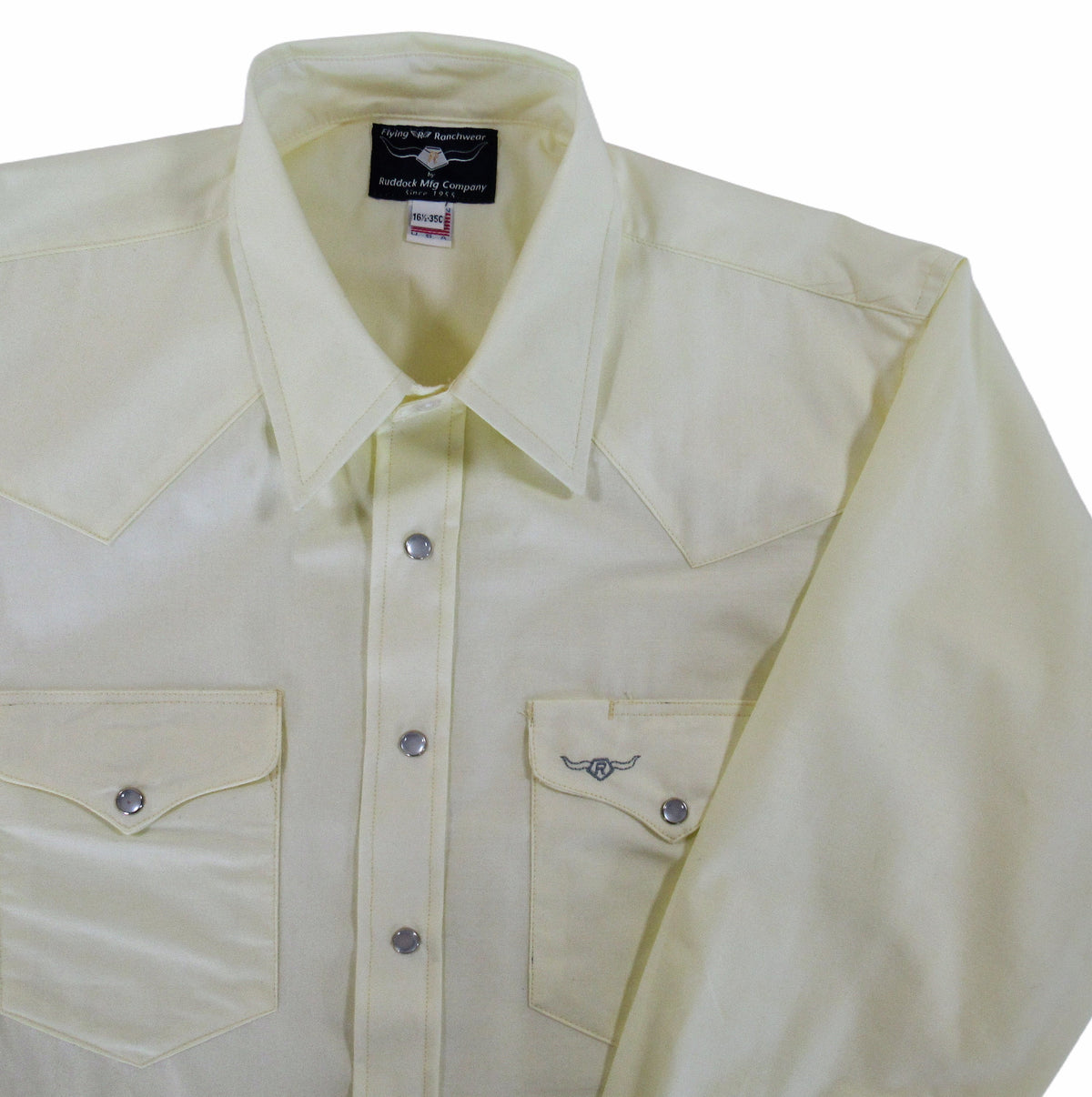 Yellow long sleeve Western shirt by Ruddock Shirts with snaps, classic fit, and ranchwear style.