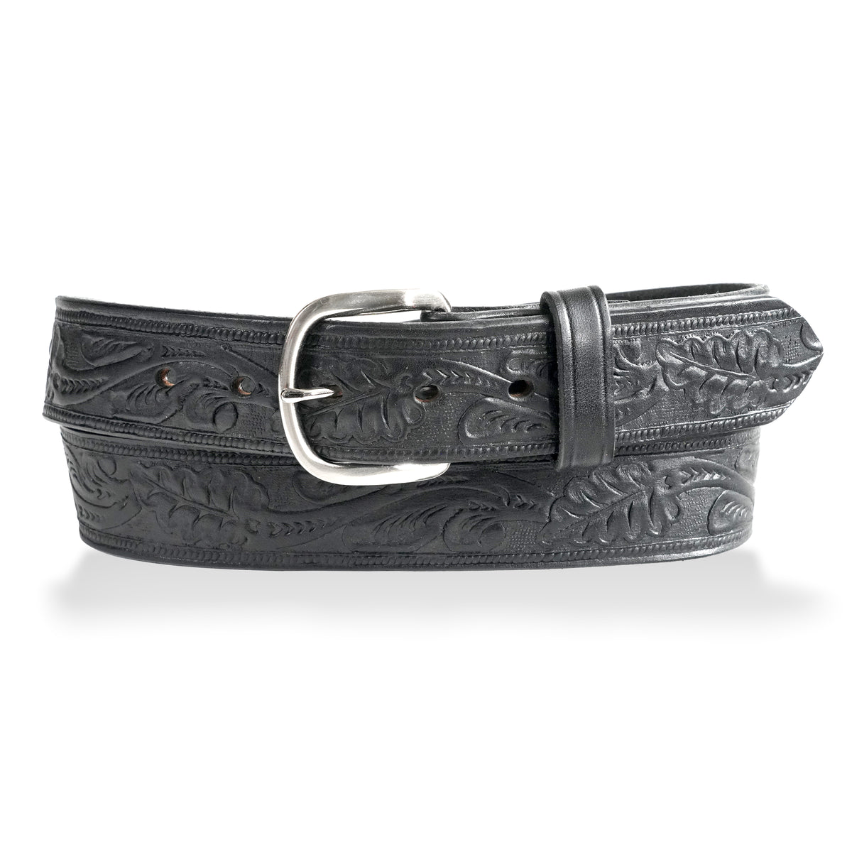 Gingerich 1.5-inch black leather belt with classic oak leaf design, style 8614-18, featuring a sleek buckle and textured finish.