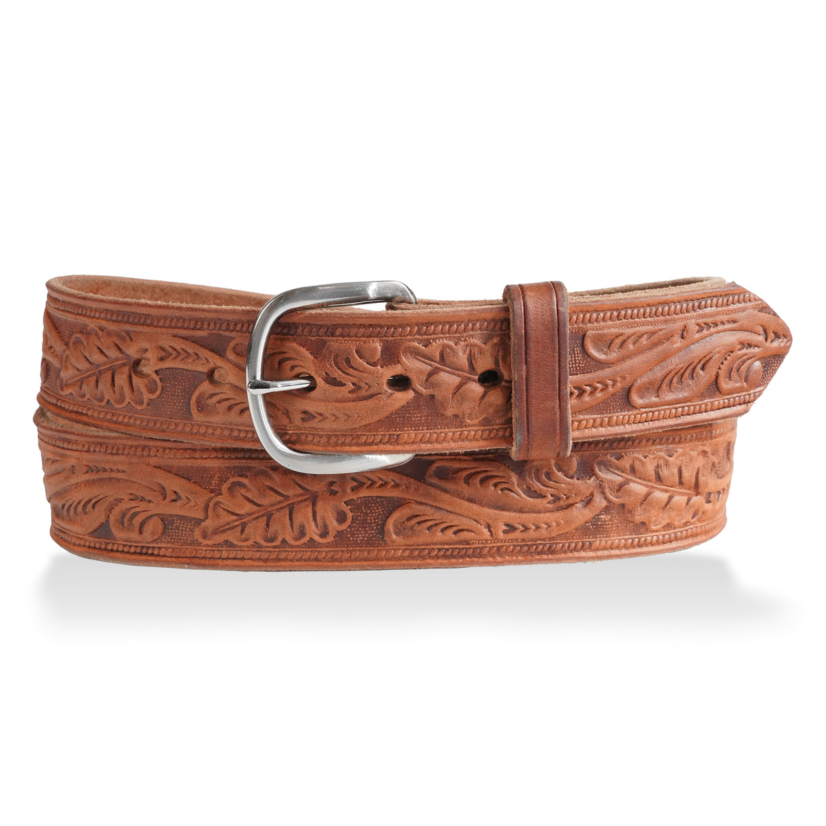 Gingerich 1.5-inch classic oak leaf Sedona brown leather belt with hot-dipped finish and stylish buckle.