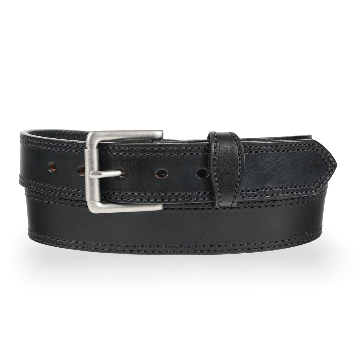 Gingerich 1.5-inch double-stitched black work belt with metal buckle, durable leather style 8018-18 for men's workwear.