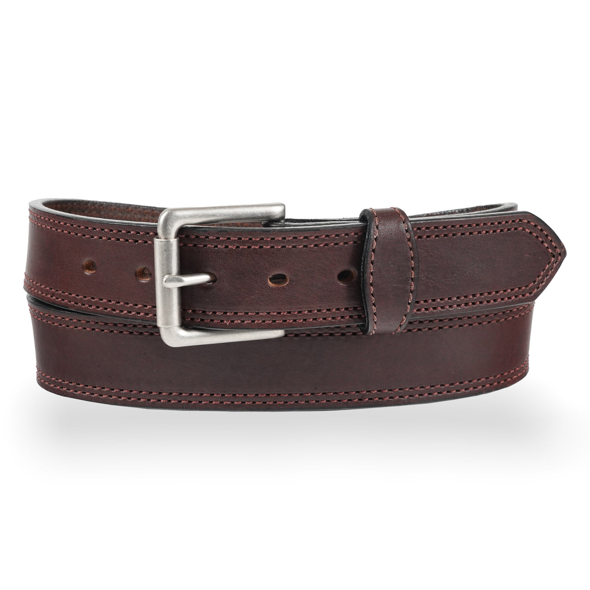 Gingerich 1.5-inch dark brown double-stitched leather work belt with metal buckle, style 8018-36.