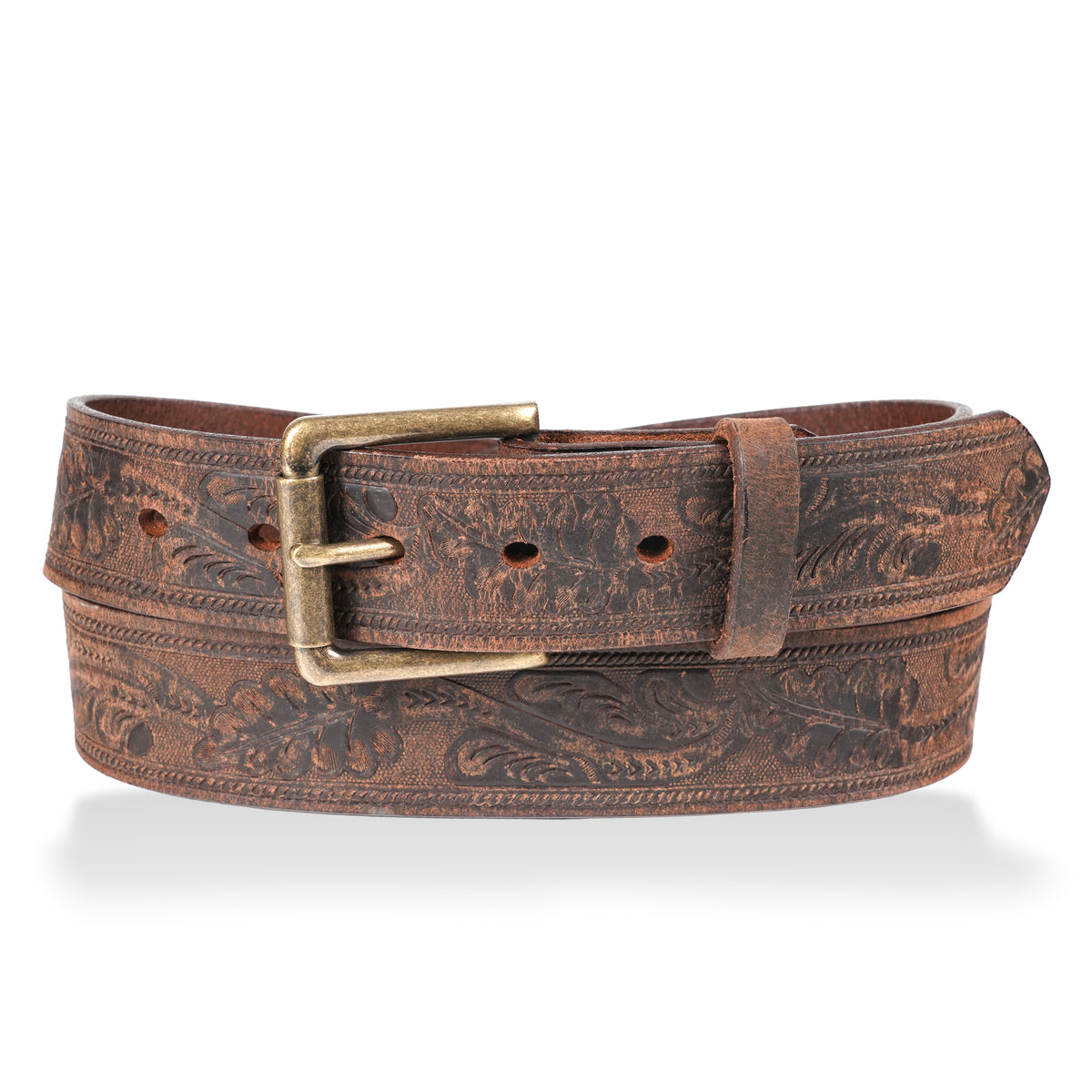 Gingerich 1.5-inch floral embossed distressed brown leather belt, stylish accessory with detailed floral design and vintage finish.