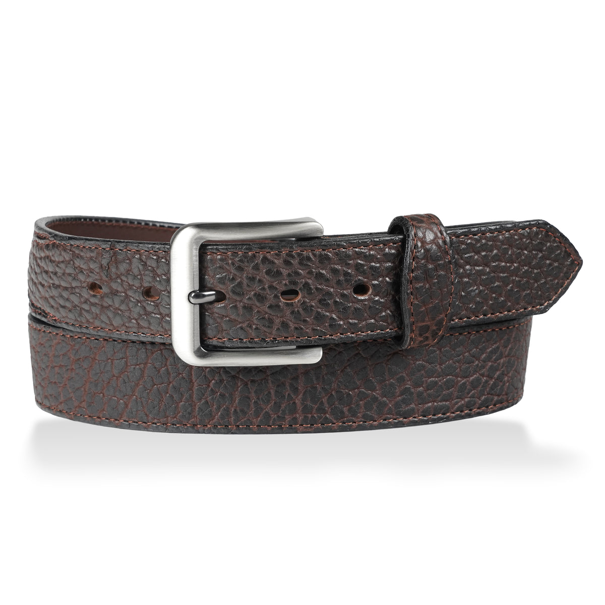 Gingerich 1.5-inch genuine bison leather belt with scalloped overlay in dark brown, style 8245-14, for men
