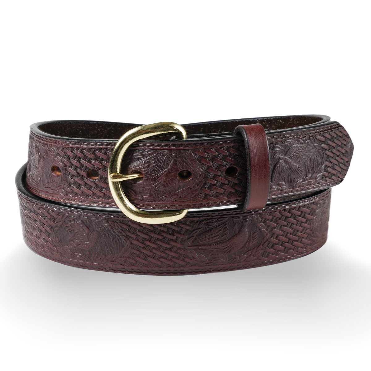 Dark brown Gingerich Hedgerow pheasant embossed belt, 1.5-inch width, stylish leather accessory with textured pattern.