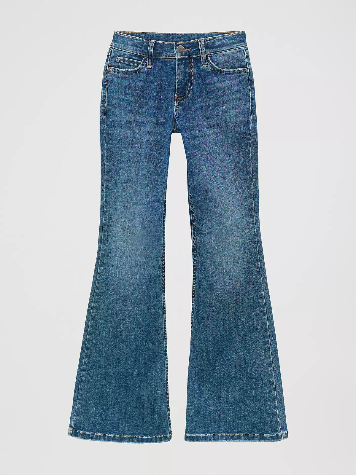 Girl wearing Wrangler BESPOKE Flare Jean in Lily color, showcasing stylish denim with a fitted waist and flared legs.