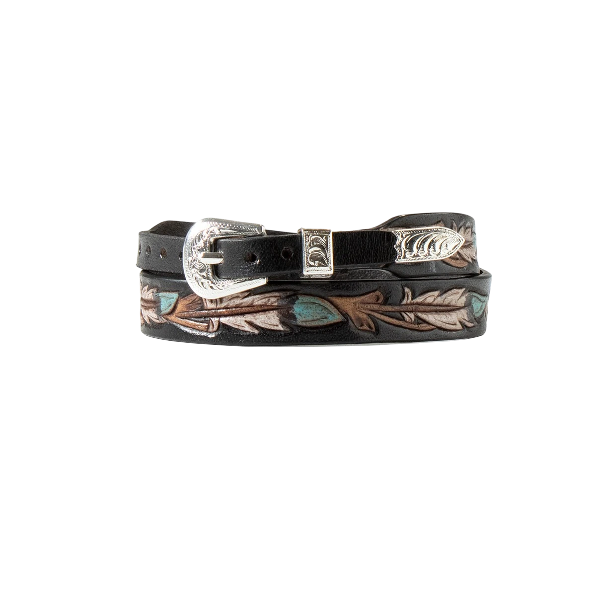 Hand-tooled painted feathers design on M&F hat band, featuring intricate craftsmanship and vibrant feather artwork for western hats.