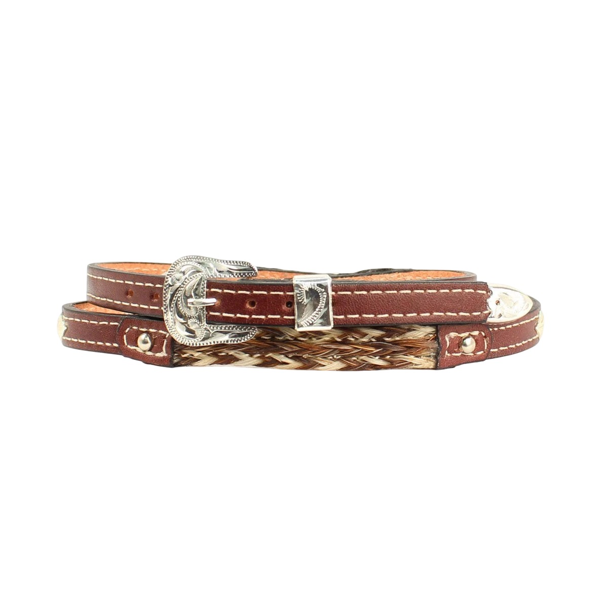 M&F braided horsehair hat band in 3/8 inch width, suitable for western or cowboy hats, featuring intricate braid design.