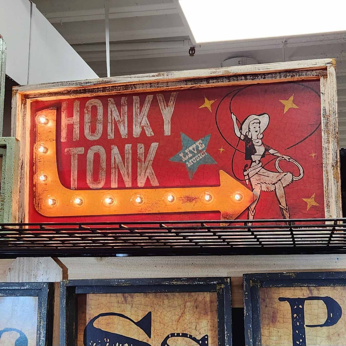 TroubleMaker Trading Company Honky Tonk lighted artwork, 18x36 inches, featuring vintage neon-style sign design.