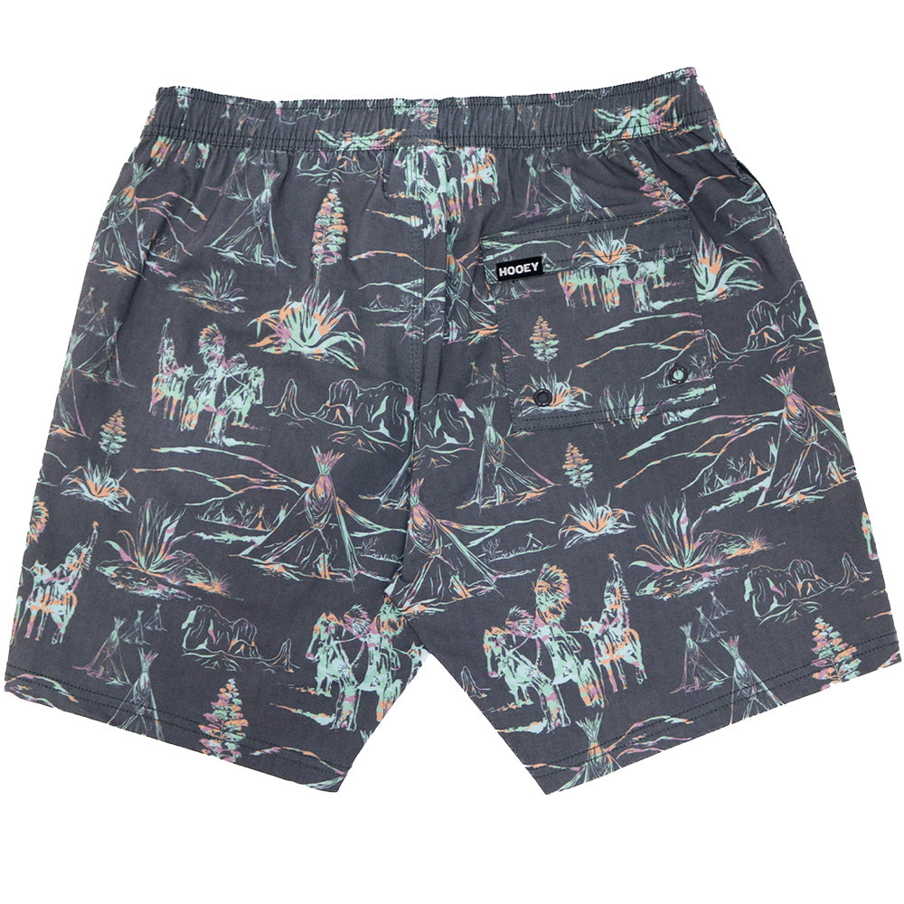 Hooey Bigwake boardshort in charcoal with multi-color accents, featuring a relaxed fit and quick-dry fabric for beach or surf use.