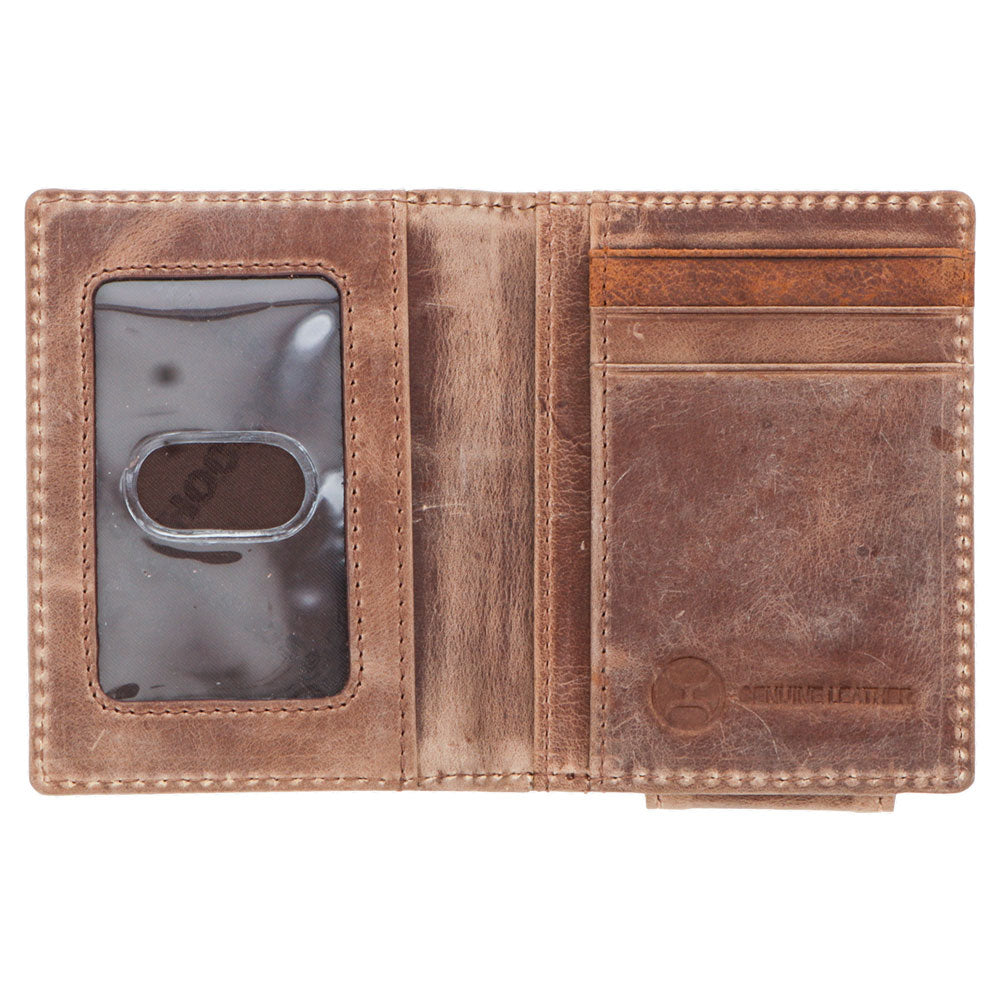 Hooey Dalton smooth brown bifold money clip with stitching, featuring a sleek leather design and metal clasp for cash and cards.