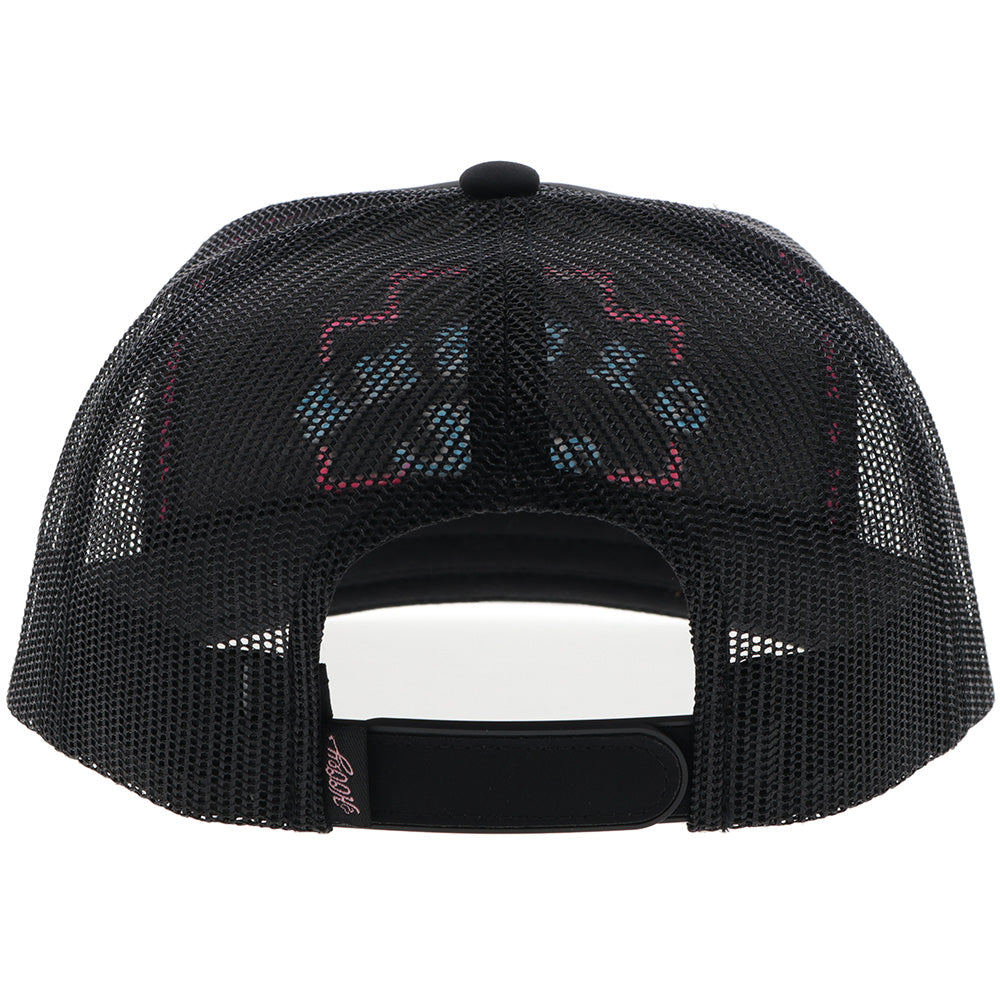 Black Hooey "Gruene Hall" cowboy hat with pink and blue embroidery, showcasing detailed decorative stitching.
