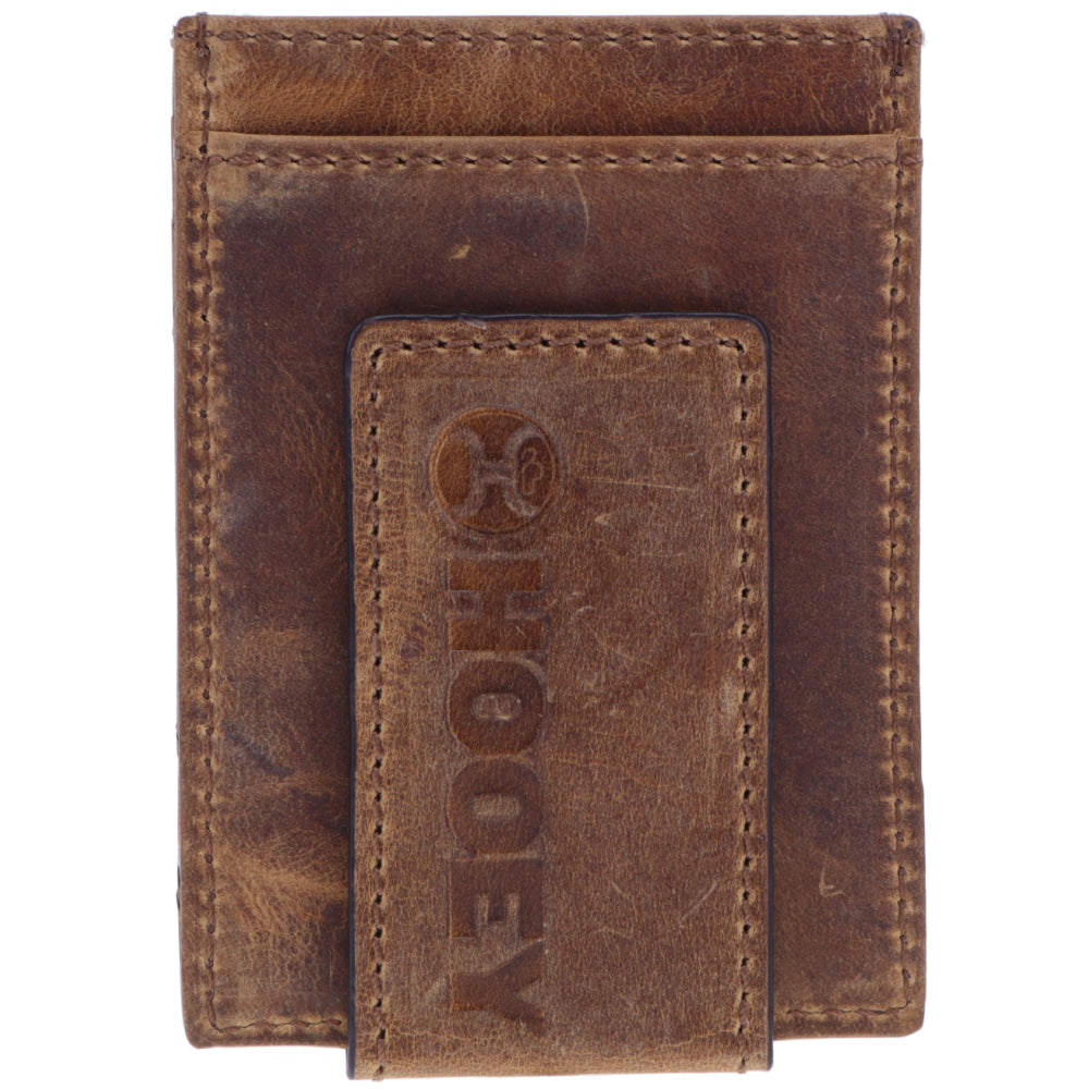 Hooey Original tan money clip with sunset serape print, showcasing a stylish leather accessory with vibrant southwestern design.