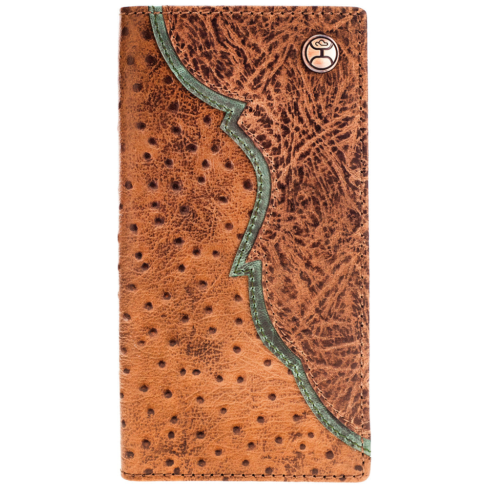 Hooey Sawyer rodeo wallet with brown and turquoise ostrich print leather and multiple card slots.