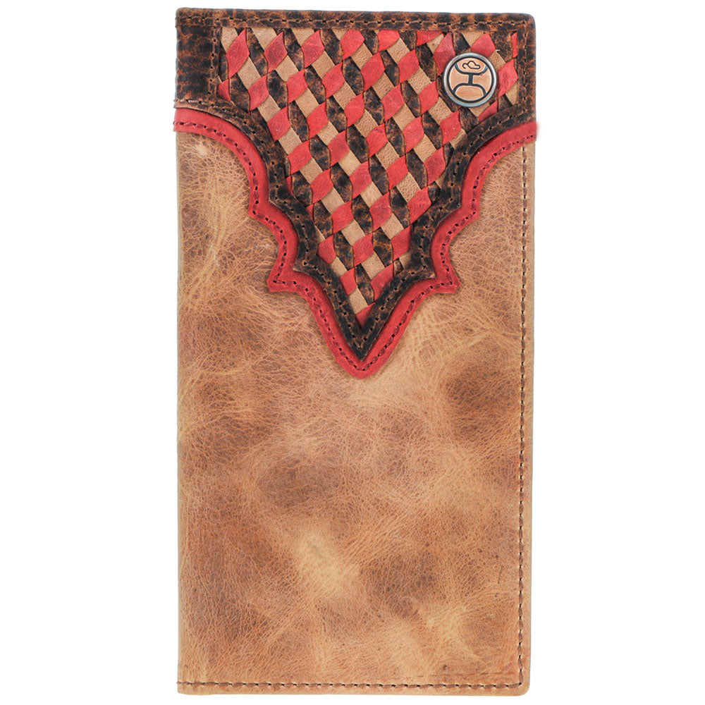 Hooey "Whip" smooth tan rodeo wallet with tri-color woven leather design and branded logo detail.