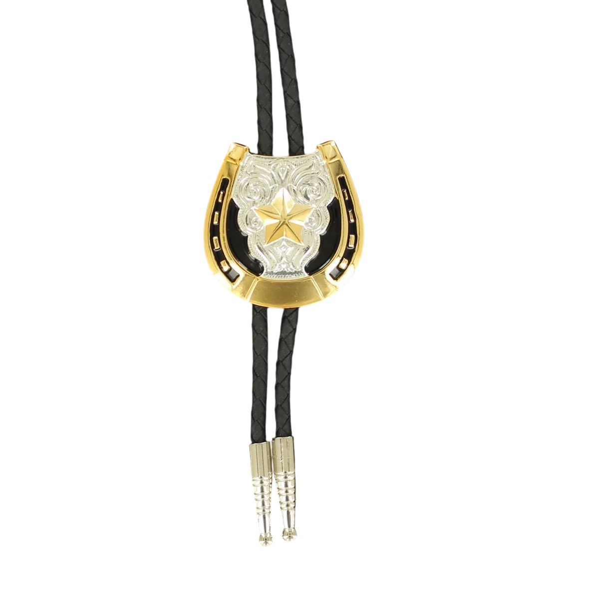 M&F Horseshoe Star bolo tie featuring a metallic horseshoe and star design on a sleek cord for Western style.