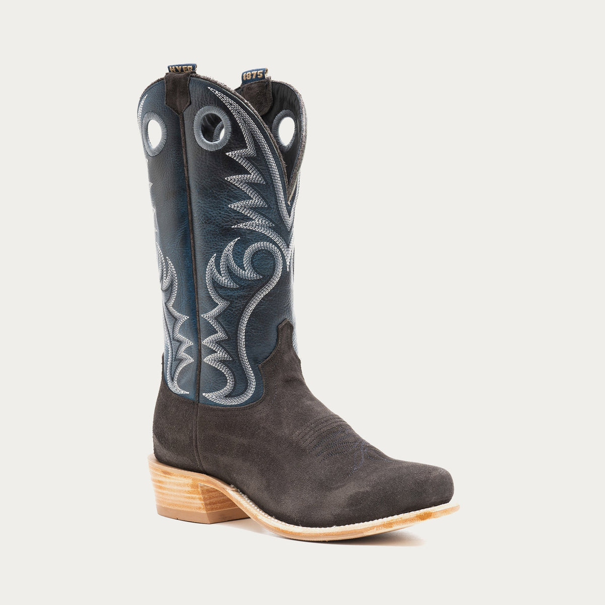 HYER Men's McCune cowboy boot in grey and blue with 13-inch height, featuring classic Western style and detailed stitchwork.