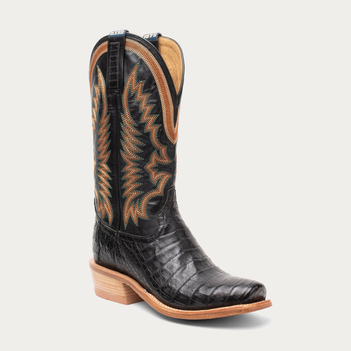 HYER Men's Pratt Caiman 13-inch black cowboy boots with pointed toe and western stitching, crafted for style and durability.