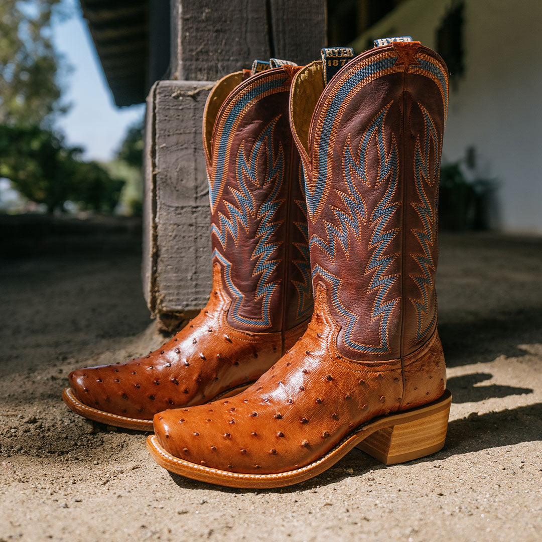 HYER Men's Culver 13" Western Boot, Brandy Ostrich/Cognac – lifestyle, pair