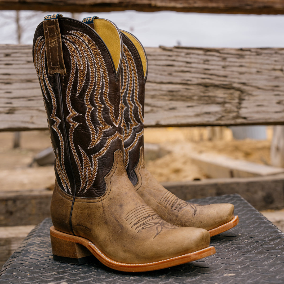 Hyer Stafford cowhide cutter toe boot in tan and brown leather with sturdy sole and classic Western style.