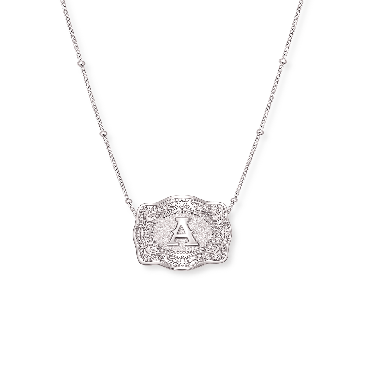 SpurWest Initial Mini Belt Buckle Necklace with the initial A on a silver buckle pendant and silver beaded chain