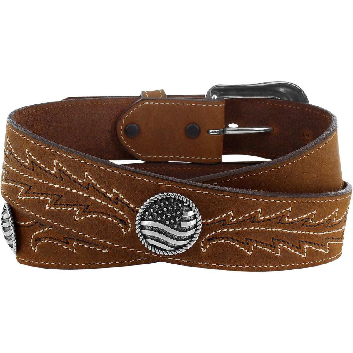 Leegin Justin Caddo Belt Style No. C13999 in brown leather with embossed design and metal buckle, casual accessory for men.