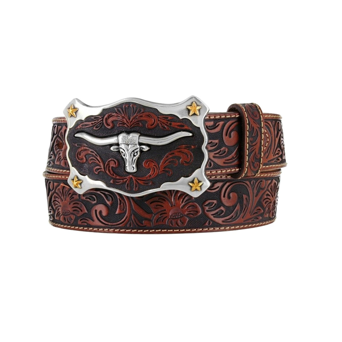 Leegin Justin Classic Longhorn Belt, brown leather with Western-style buckle, for men’s casual and dress wear.