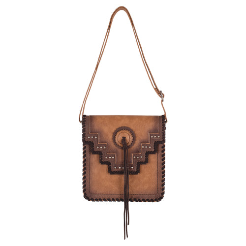 Justin Ladies Cross Body Brown with Whip Stitch and Studs