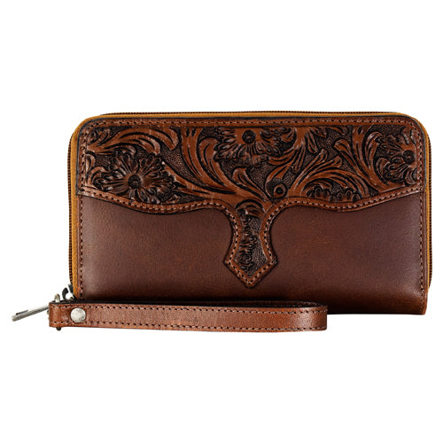 Justin Ladies Genuine Leather Large Wallet Brown with Floral Tooled Yoke