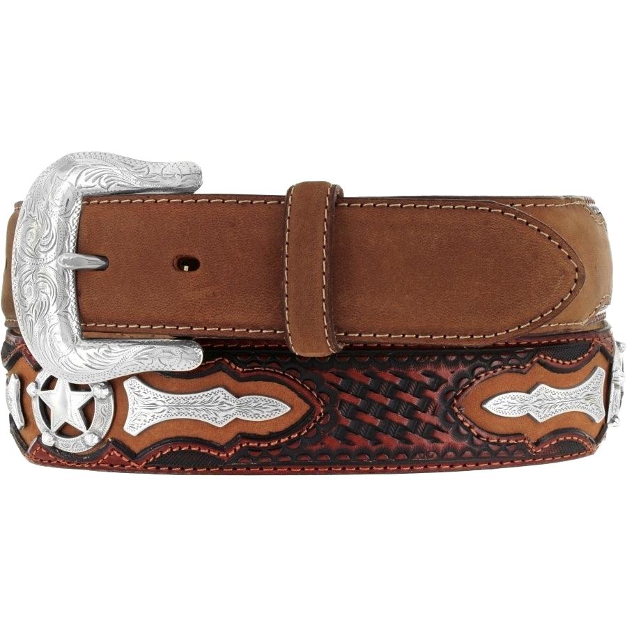 Justin Odessa Star belt by Leegin, featuring a stylish star design, shown in a close-up of the brown leather belt with star accents.