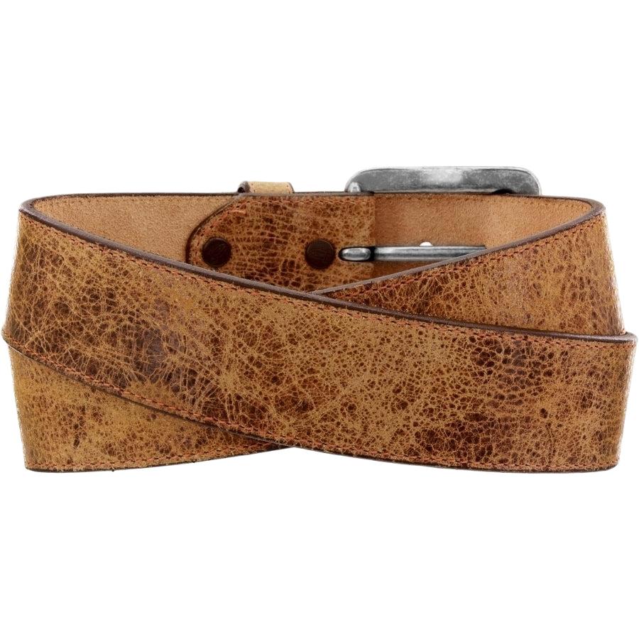 Leegin Justin Tailgunner belt in brown leather with western-style stitching and metal buckle.