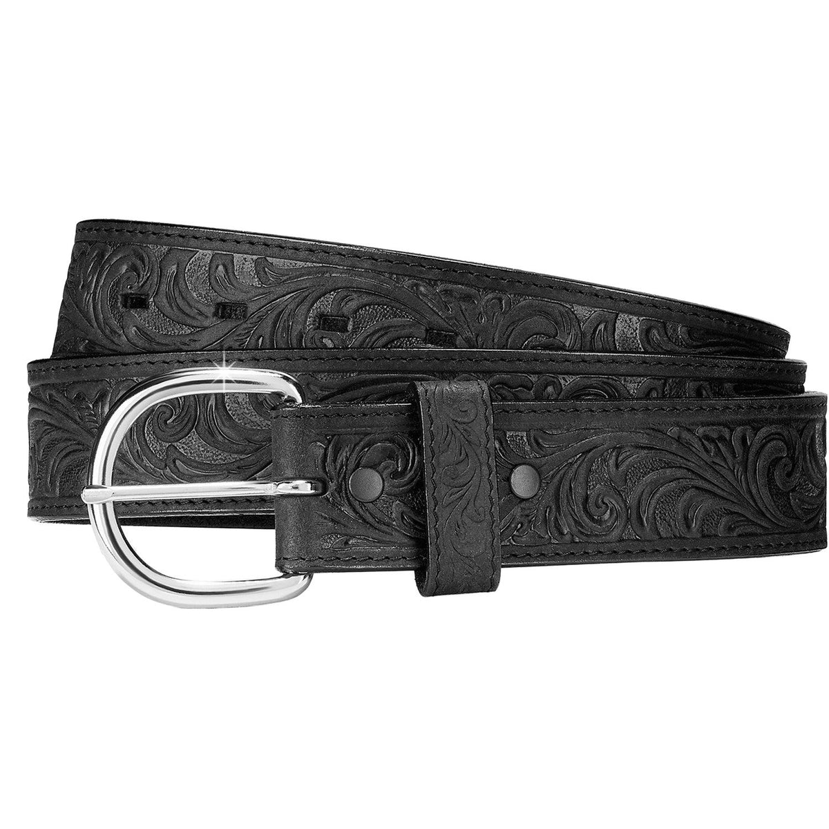Leather Justin Western Scroll Tooled Belt by Leegin with intricate scroll tooling and Western style design.