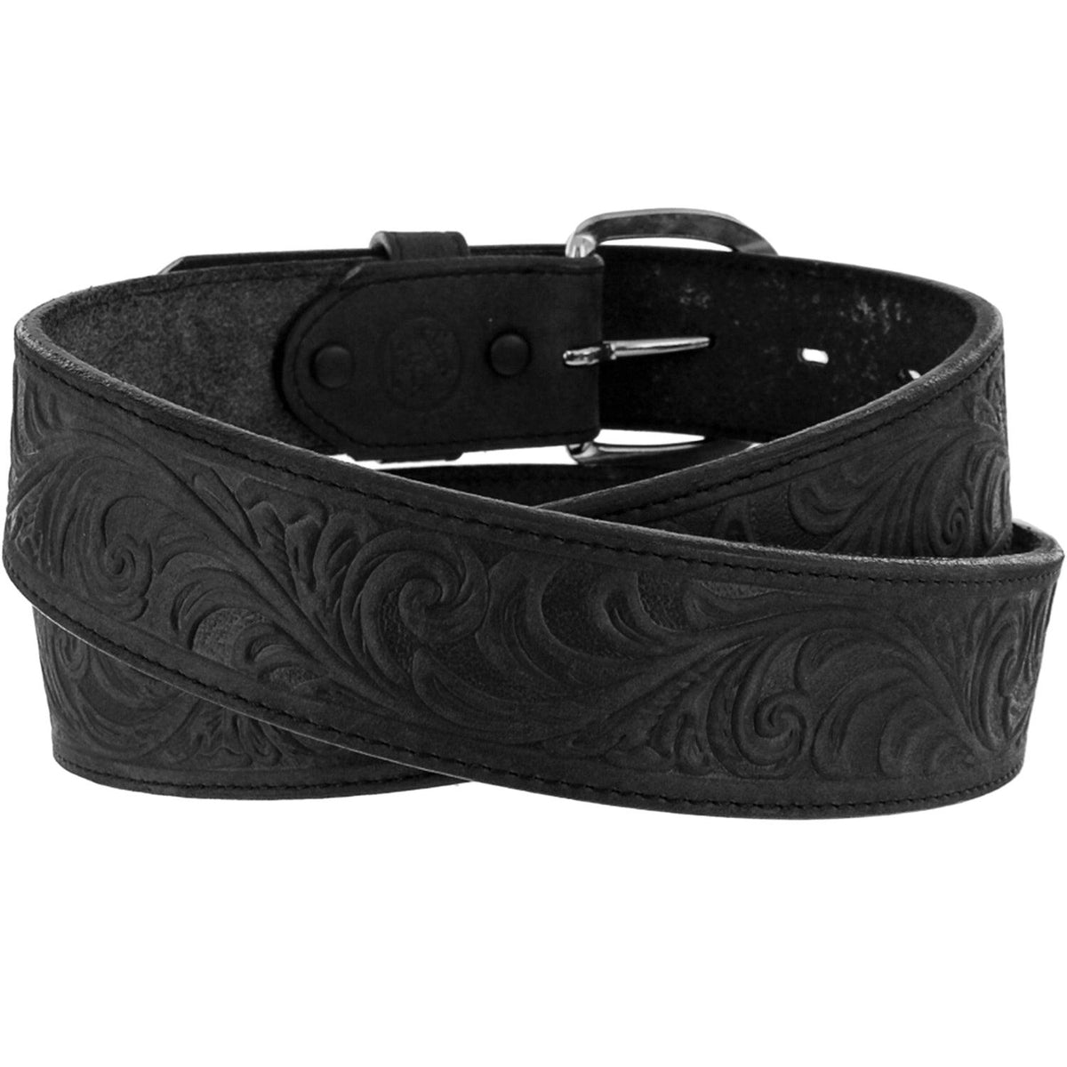 Leegin Justin Western Scroll Tooled Belt with intricate tooling and Western style, durable leather strap for men.