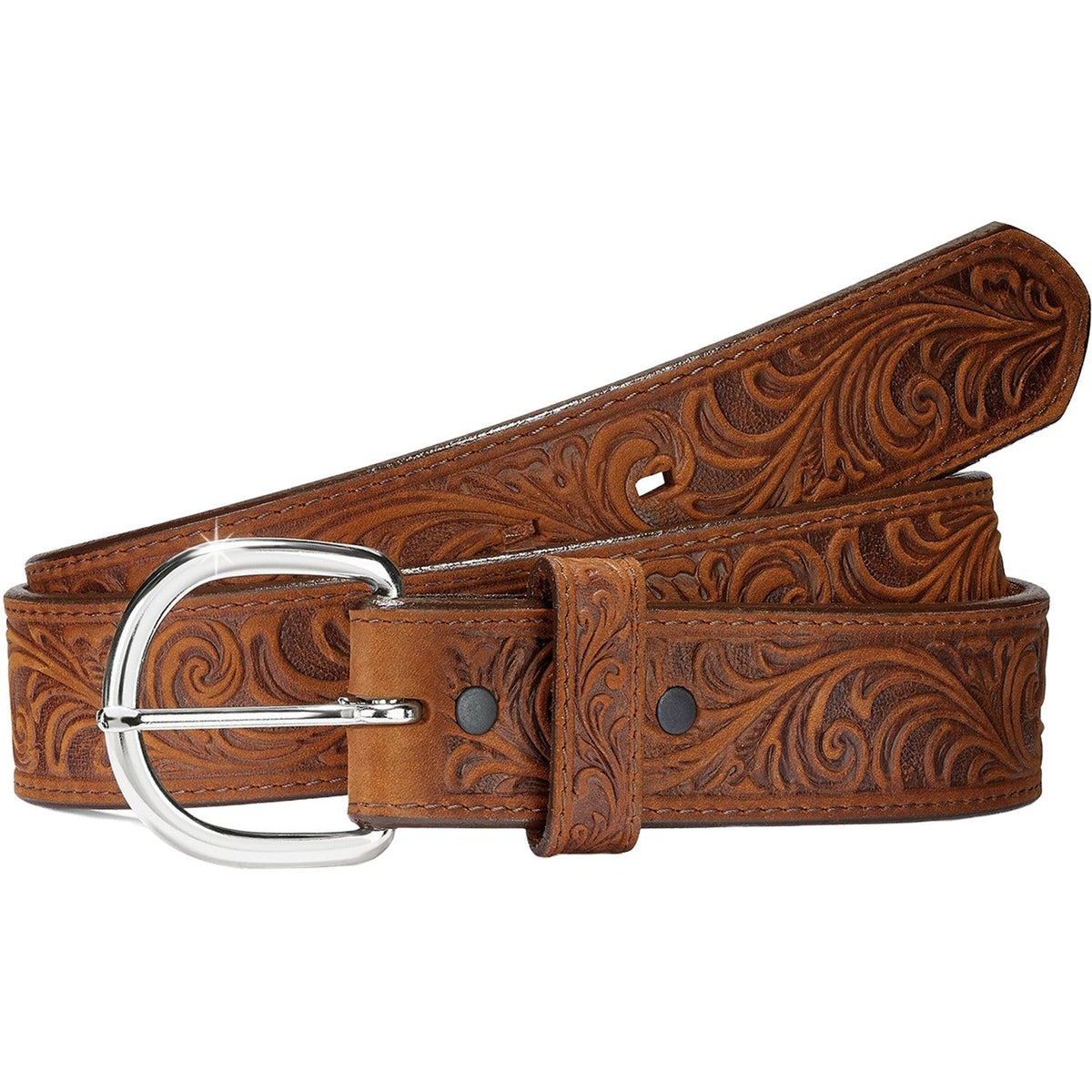 Leegin Justin Western Scroll Tooled Belt with intricate tooled leather design and metal buckle, stylish western accessory for men