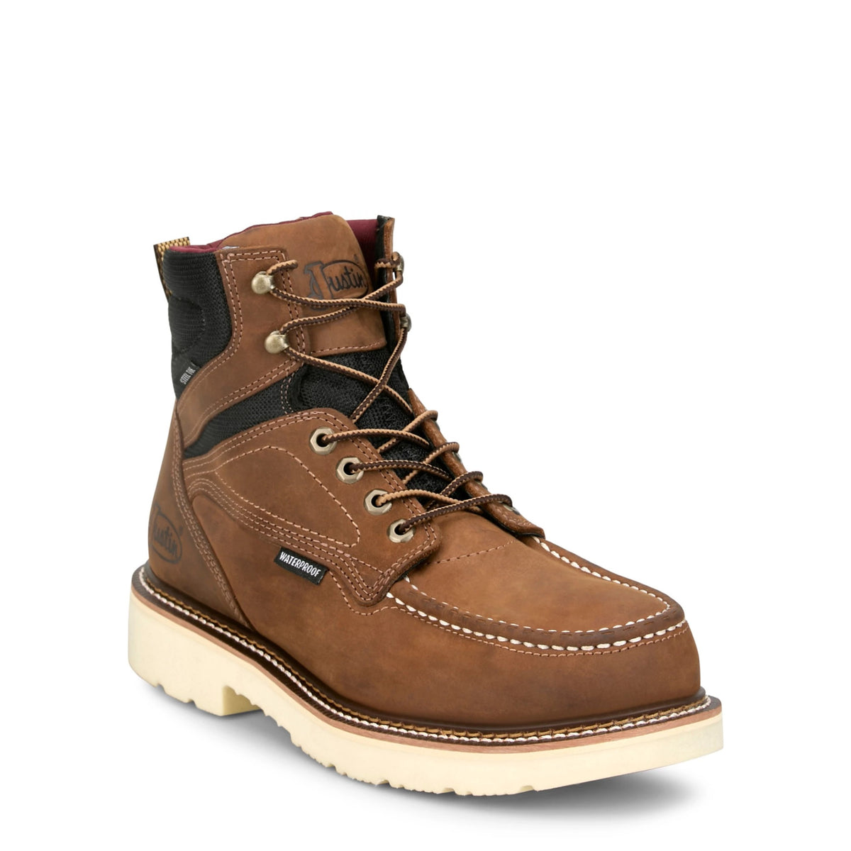 Justin Men's Garren 6" Round Steel Toe Waterproof Work Boot, Brown – 3-4 front